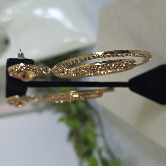 Statement Gold with Champagne Rhinestones Double Hoop Earrings - Picture 8 of 9